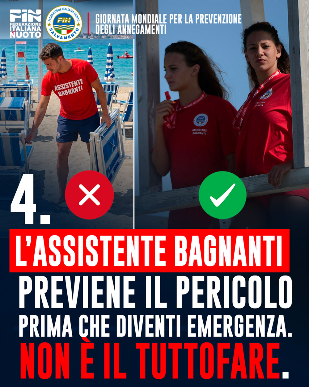 L'Assistente Bagnanti previene il pericolo prima che diventi emergenza. Non è il tuttofare.